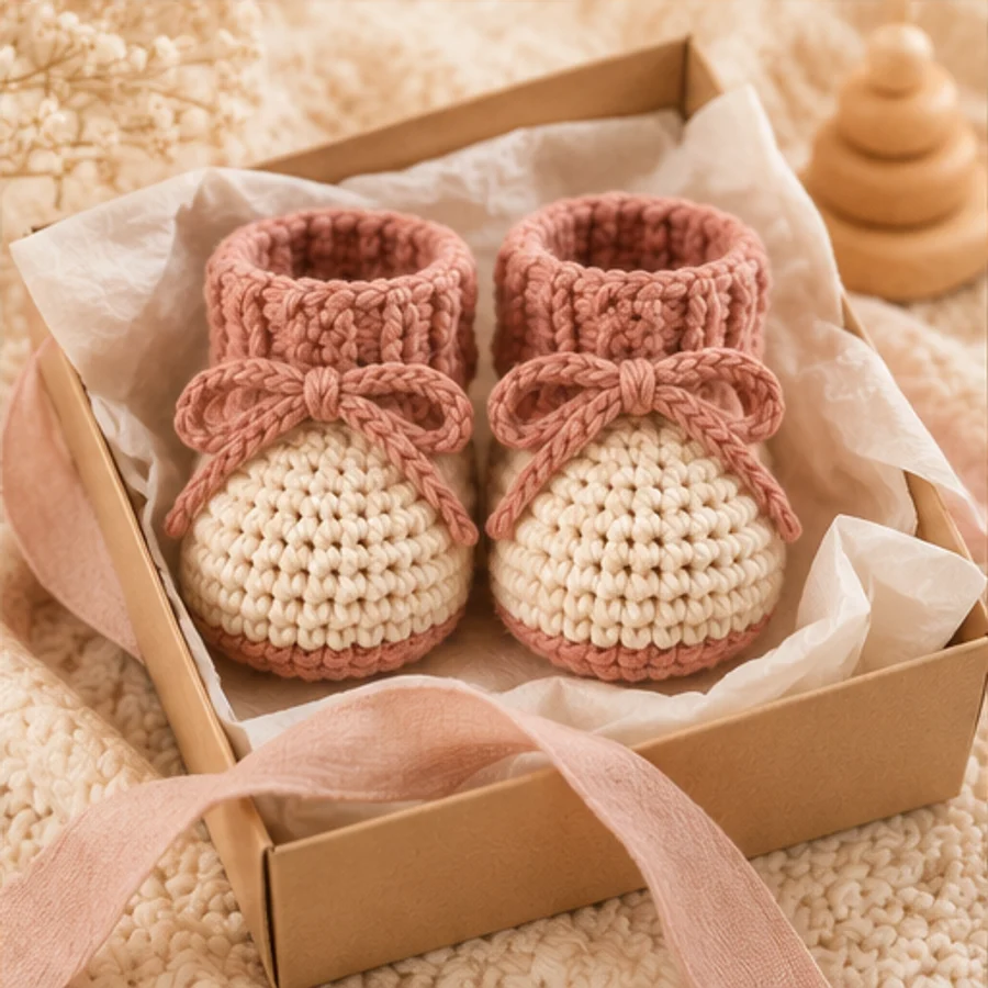 Crochet baby booties presented in a boutique gift box