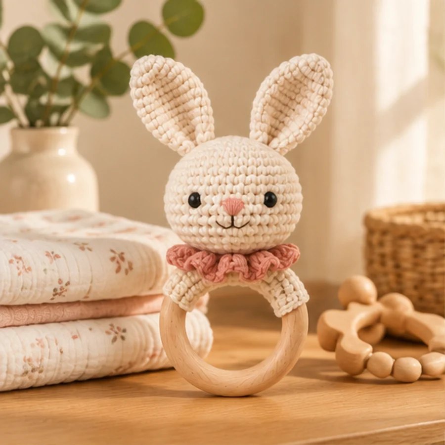 Crochet bunny rattle displayed in a nursery setting