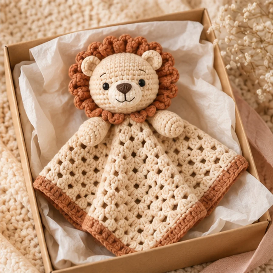 Crochet lion lovey presented in a retail gift box