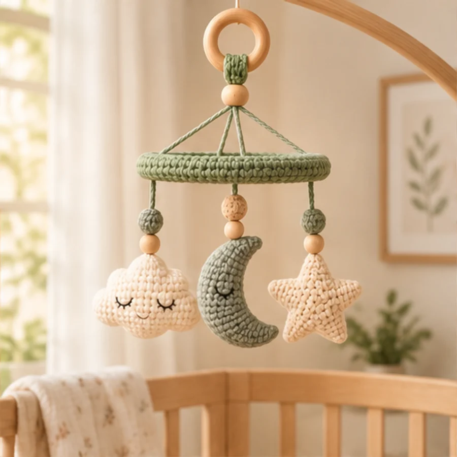 Crochet nursery mobile displayed above a neutral crib corner