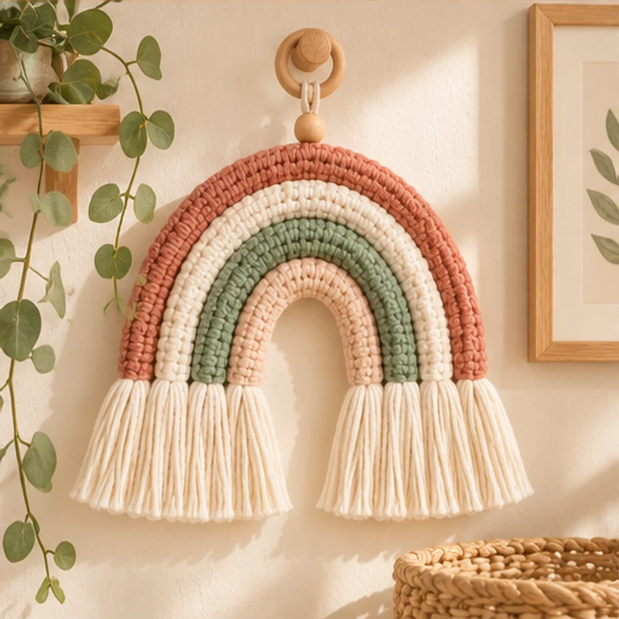 Crochet rainbow wall hanging styled in a nursery