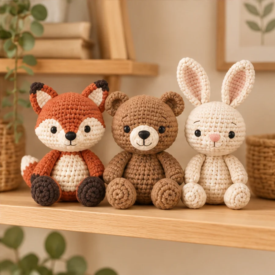 Crochet fox bear and bunny gift set on a nursery shelf