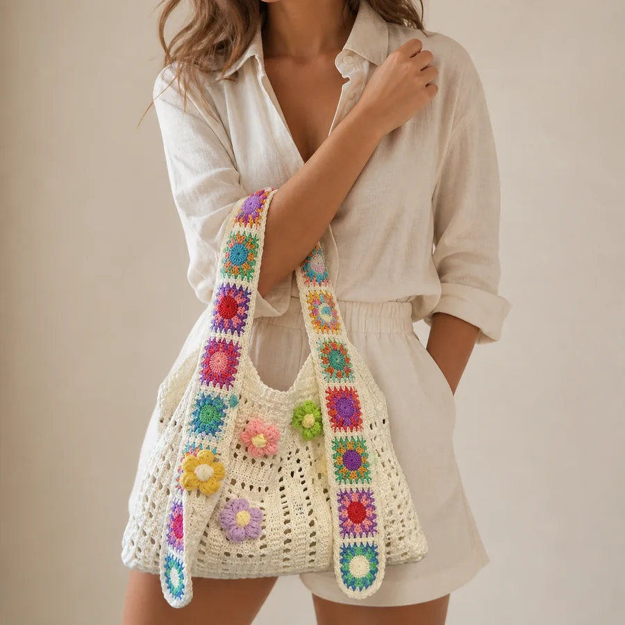 Granny square flower tote styled with a model