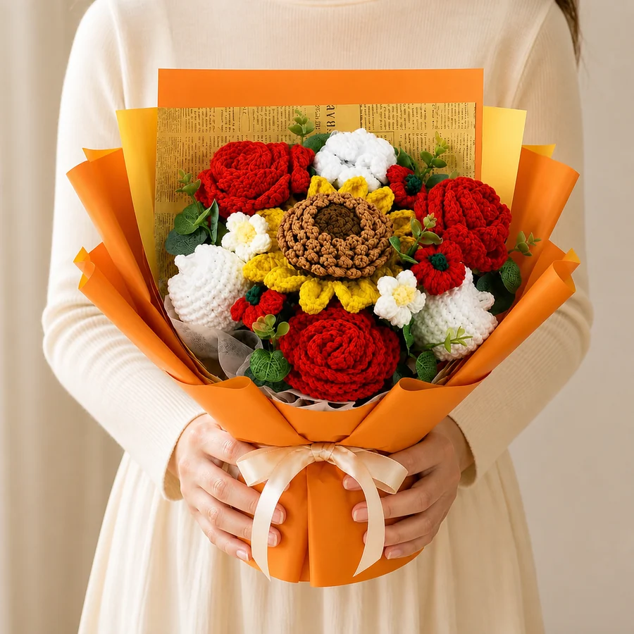 Sunshine crochet bouquet held in hand