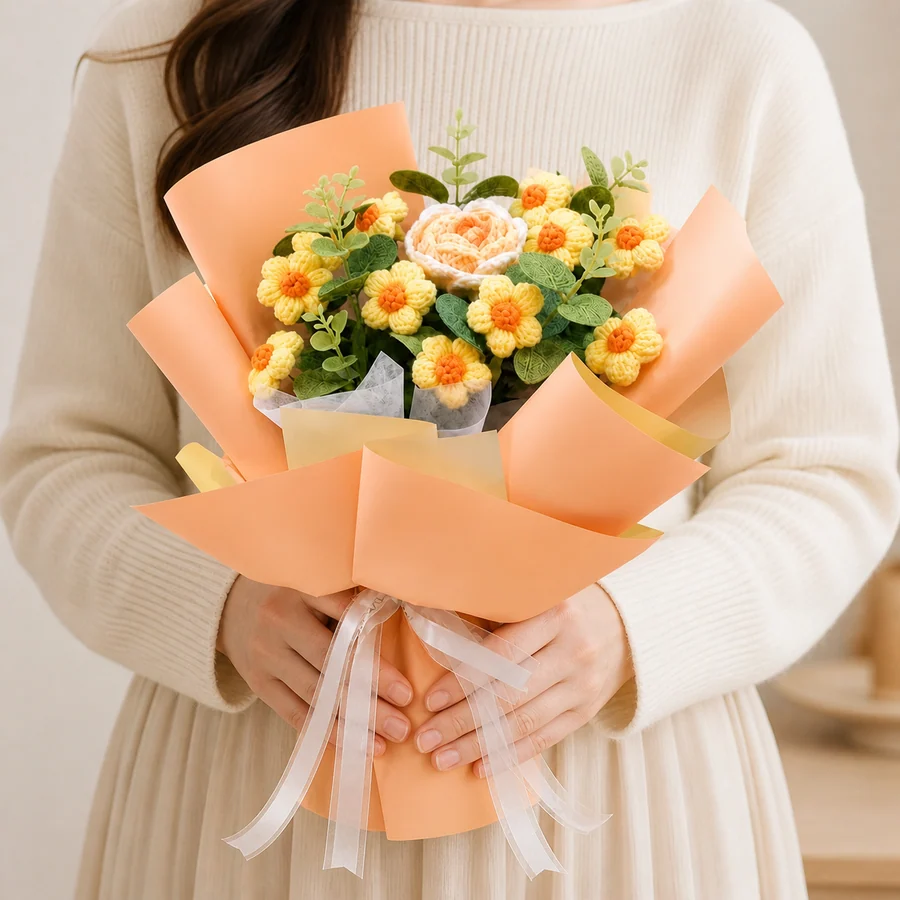 Pastel crochet bouquet held in hand