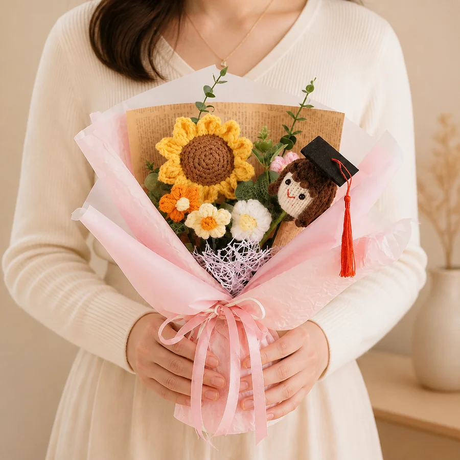 Graduation crochet bouquet held in hand