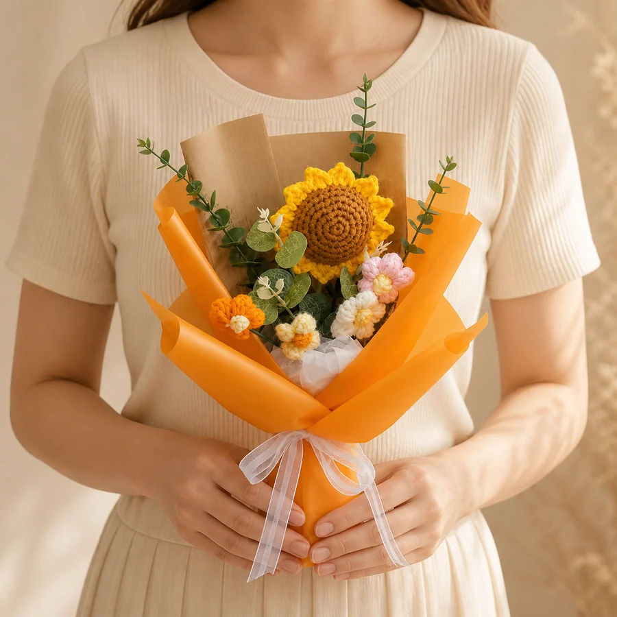 Mini sunflower crochet gift held in hand