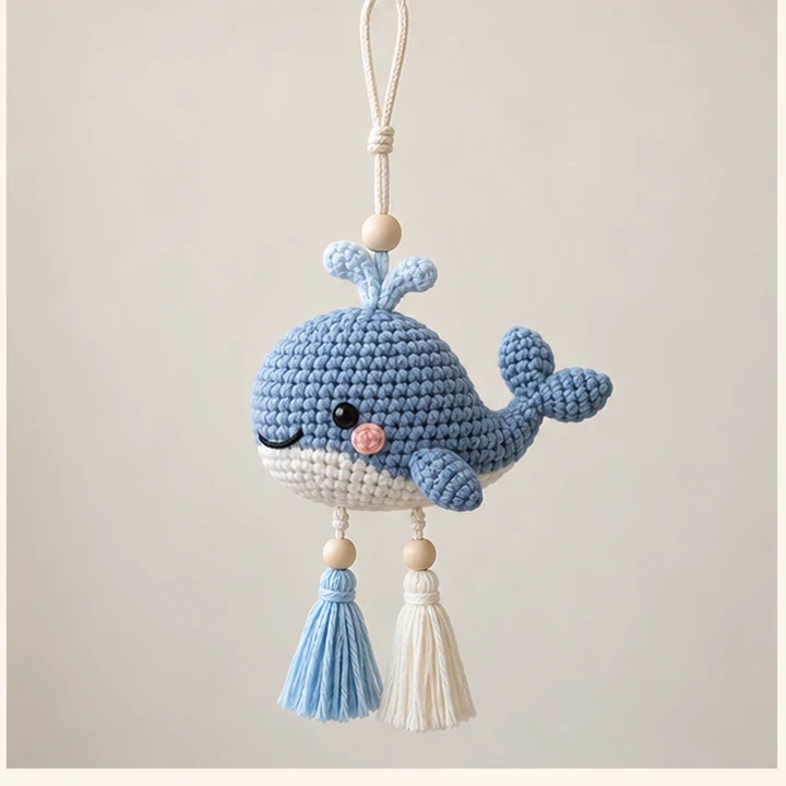 Blue whale crochet car hanger