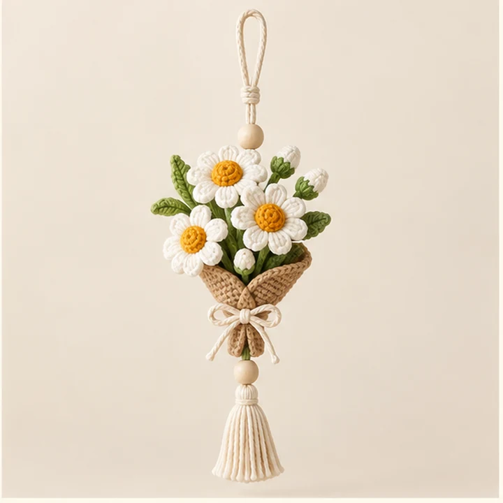 Crochet daisy bouquet car hanger