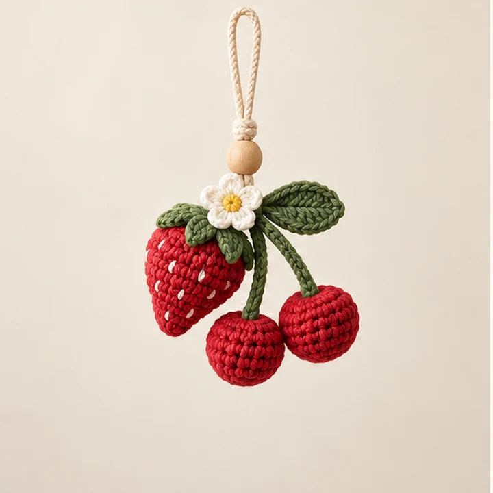 Crochet strawberry and cherry car hanger