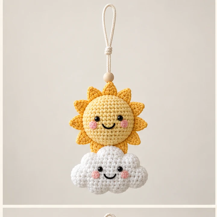 Crochet sun and cloud car hanger