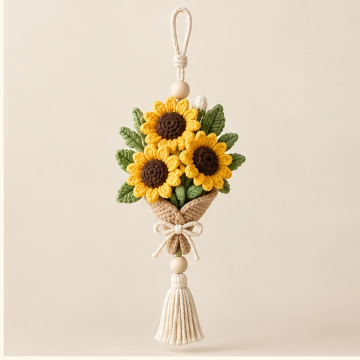 Crochet sunflower bouquet car hanger