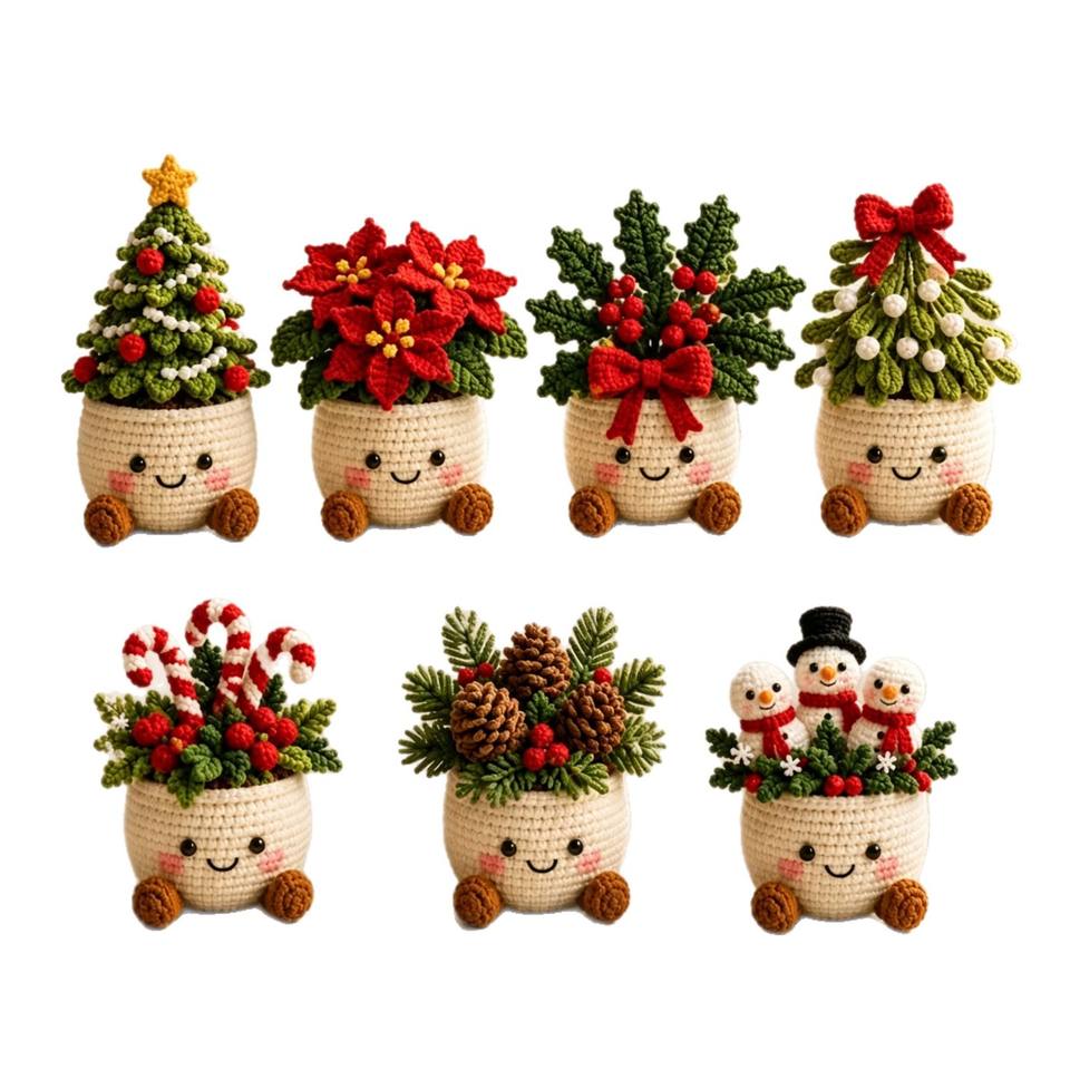 Smiling Christmas Crochet Potted Plant Collection