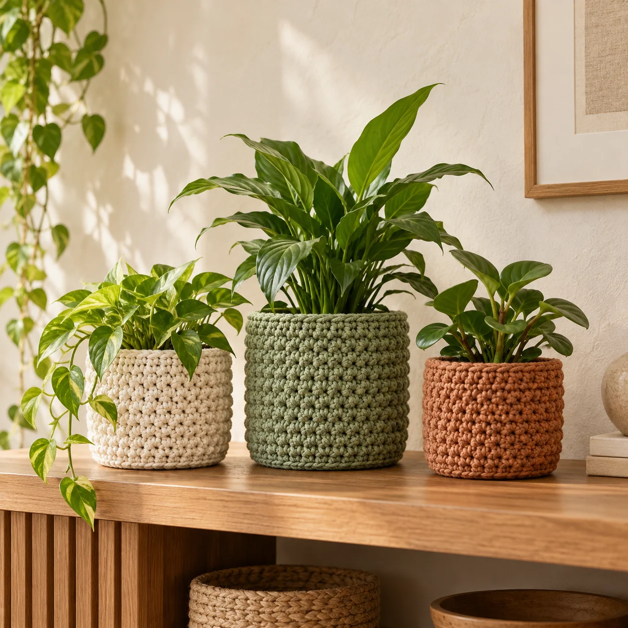 Crochet plant pot covers for garden center retail