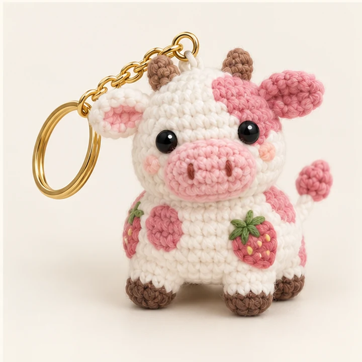 Strawberry cow crochet keychain