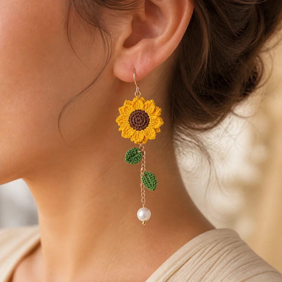 Sunflower crochet earrings lifestyle scene