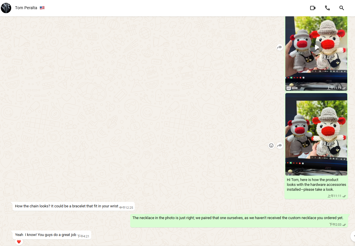 Buyer feedback on customized crochet dolls with hardware accessories
