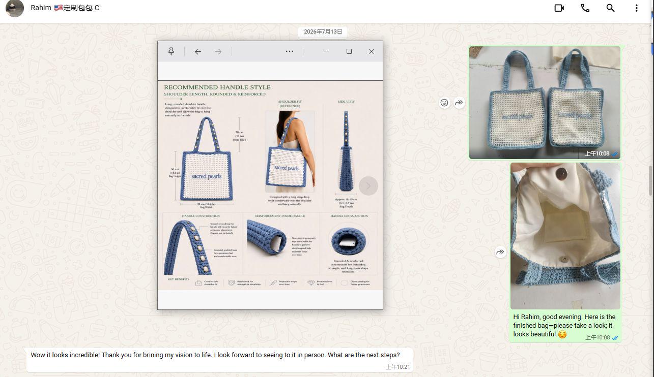 Buyer approving a custom crochet tote sample after reviewing the finished product