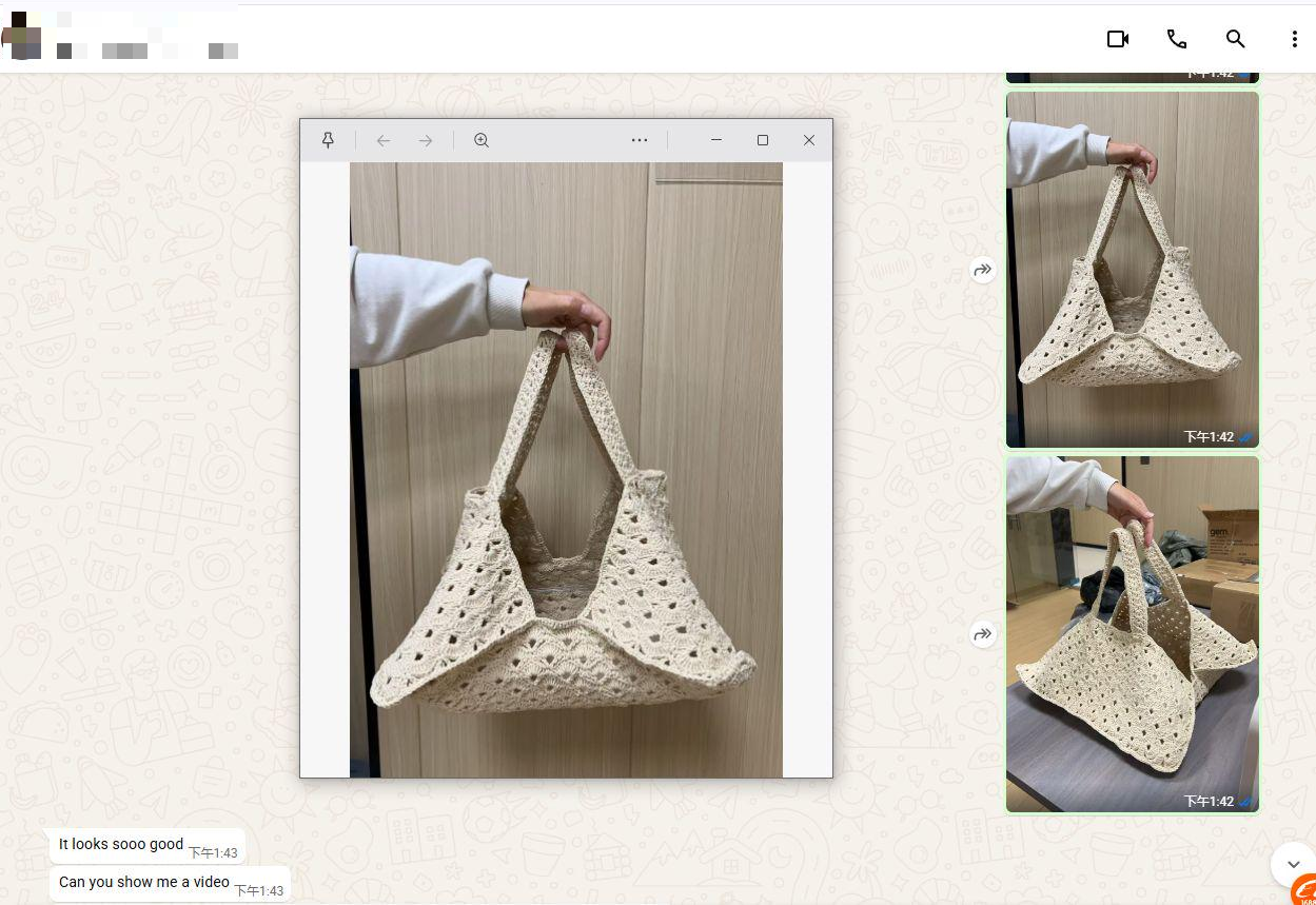 Buyer reviewing the completed custom crochet bag sample and requesting a video