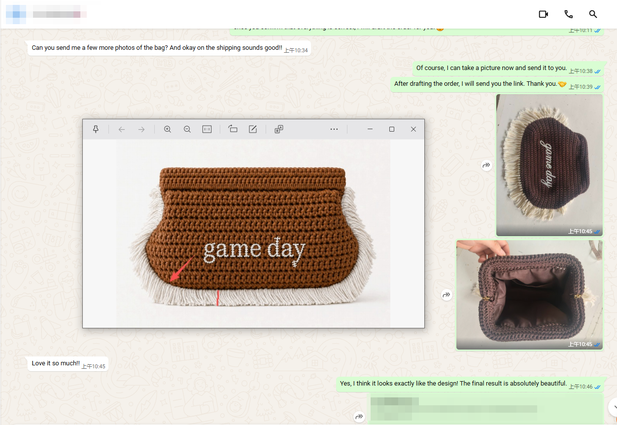 Buyer approving a custom crochet clutch made from the supplied design