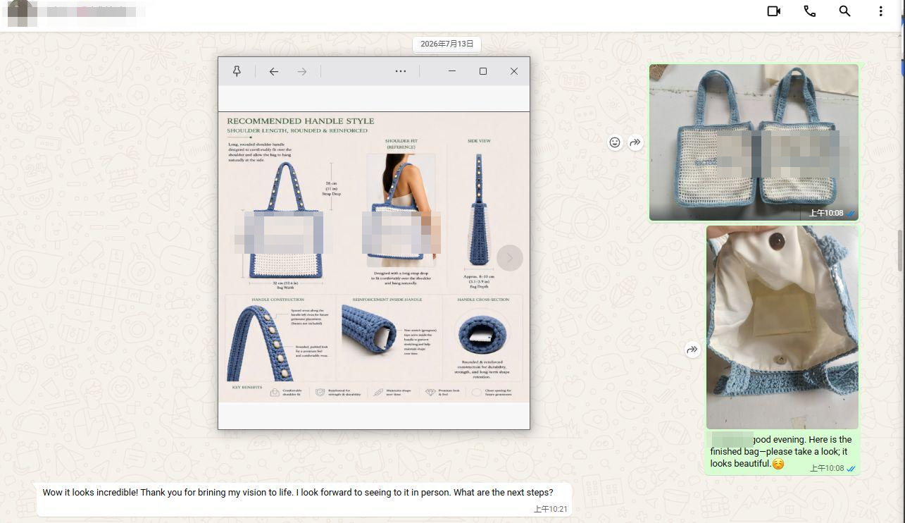 Buyer comparing a custom crochet tote design with the completed sample