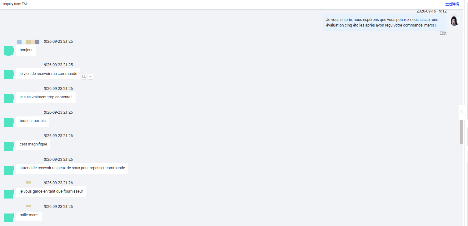 Buyer confirming receipt of an order and giving positive feedback in French